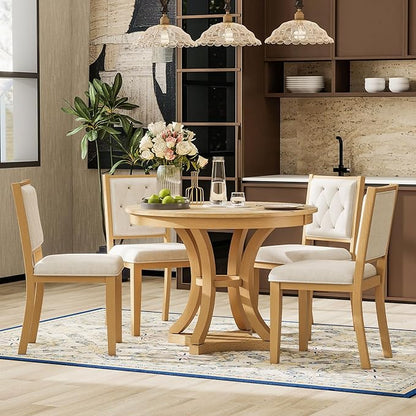 Vintage 5-Piece Extendable Round Dining Table Set for 4 with Chairs, Modern Wood Kitchen Table Set with Tufted Upholstered Chairs for Kitchen Dining Room Living Room (Natural)