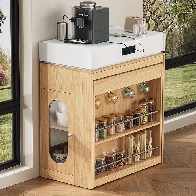 Versatile Extendable Dining Table with Hidden Wheels and Drawers, Farmhouse Kitchen Island with Charging Station and Glass-Door, Sideboard for Kitchen and Dining Room (Natural)