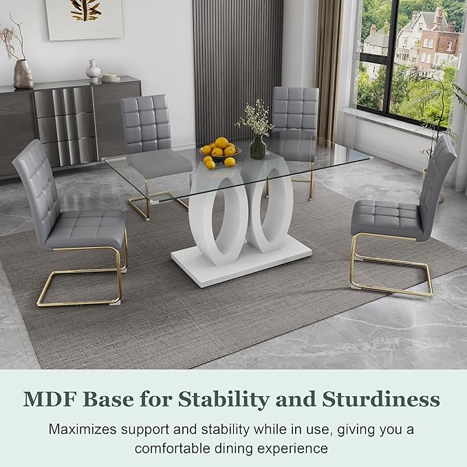 5-Piece Glass Dining Table Set, 63" White Kitchen Table with O-Shape MDF Base, Dining Room Set for 4 with 4 Leather Upholstered Chair for Kitchen, Dining Room (Gray,Gold)