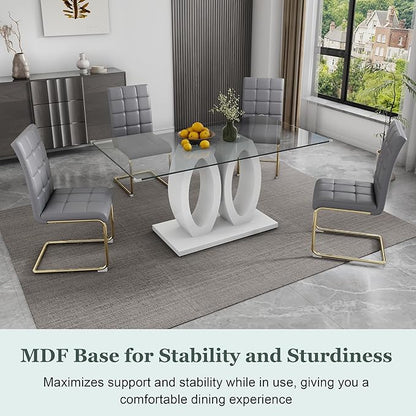 5-Piece Glass Dining Table Set, 63" White Kitchen Table with O-Shape MDF Base, Dining Room Set for 4 with 4 Leather Upholstered Chair for Kitchen, Dining Room (Gray,Gold)