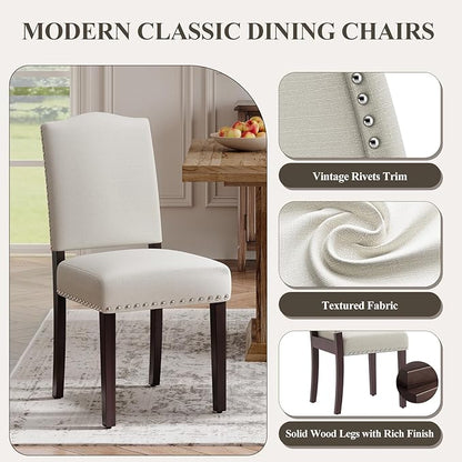 Upholstered Parsons Dining Chairs Set of 2, Modern Dining Room Chairs with Back, Fabric Kitchen Side Chairs with Wood Legs, Nailhead Trim for Dinner Farmhouse Restaurant, Beige