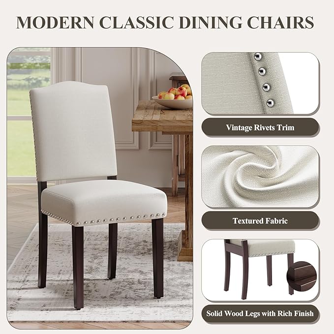 Upholstered Parsons Dining Chairs Set of 4, Modern Dining Room Chairs with Back, Fabric Kitchen Side Chairs with Wood Legs, Nailhead Trim for Dinner Farmhouse Restaurant, Beige