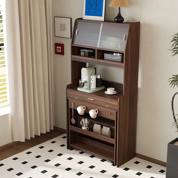 Compact Buffet with Hutch and Foldable Dining Table, Multifunctional Cupboard with Storage Shelf and Side Hooks, 2-in-1 Buffet for Small Places, Studio, Apartment (Walnut-9c)