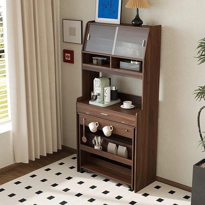 Compact Buffet with Hutch and Foldable Dining Table, Multifunctional Cupboard with Storage Shelf and Side Hooks, 2-in-1 Buffet for Small Places, Studio, Apartment (Walnut-9c)