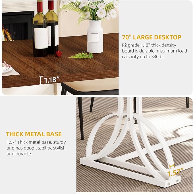 DWVO 70.3" Large Modern Dining Table for 6-8 People, Rectangular Walnut Kitchen Dining Room Table with Thick Tabletop and White Geometric Metal Legs, Farmhouse Wood Dinner Tables
