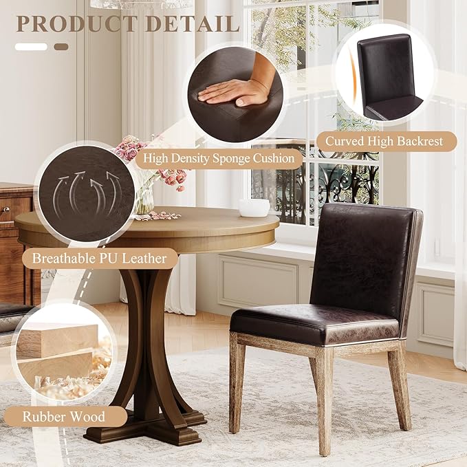 MALOL Wooden Dining Chairs Set of 2, Modern Leather Upholstered Dining Room Chair, Kitchen Side Chairs, Farmhouse Dinner Chair with High Back for Kitchen, Brown