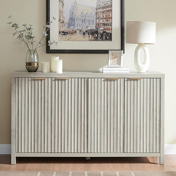 OAKHAM HOME Fluted Sideboard Buffet Cabinet with Storage, 56" Large Buffet Modern Credenza with Adjustable Shelves, Farmhouse Media Console Storage Cabinets for Living Room Entryway, Gray