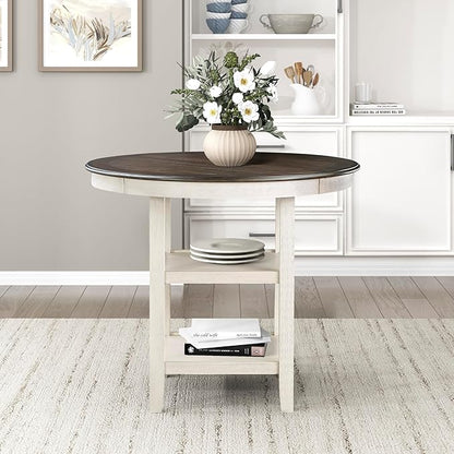 Lexicon 42-Inch Dia. Round Counter Height Table for 4 People, Counter Height Dining Table with Storage Base, Acacia Veneer, Wood Frame, for Home/Kitchen/Dining Room, Brown/Antique White