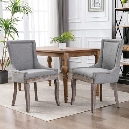 Set of 2 Dining Chair, Bar Chairs, Kitchen Island Chairs, Thickened Fabric Chairs with Neutral Toned Solid Wood Legs, Bronze Nail Head Decor, Sturdy Structure, for Living Room Dining Room, Gray