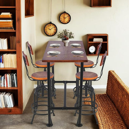 LOKKHAN 5-Piece Industrial Metal Bar Table & Stools Set – Adjustable Swivel, Wooden Top/Seats, Backrest (1 Table + 4 Stools, Brown) for Kitchen Island/Pub, Heavy Duty