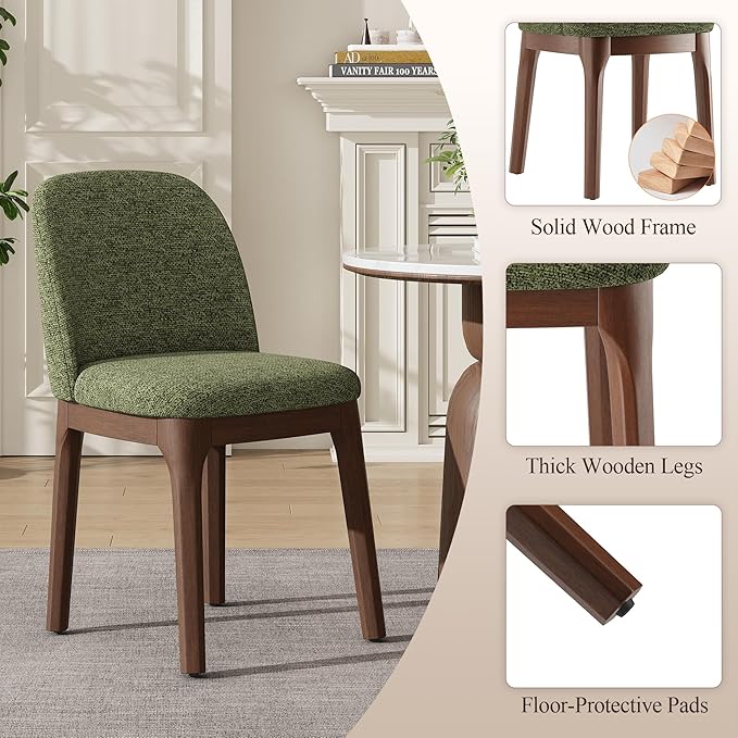 MALOL Wooden Dining Chairs Set of 2, Upholstered Kitchen & Dining Room Chairs with Thickened Wooden Legs, Farmhouse Side Chairs, Green