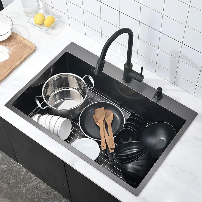 33″x22″x9″ Drop In Kitchen Sink Black, Top mount SUS304 Stainless Steel Gunmetal Black Sink 18 Gauge Single Bowl, Handmade Commercial Modern Workstation Prep Kitchen Sinks