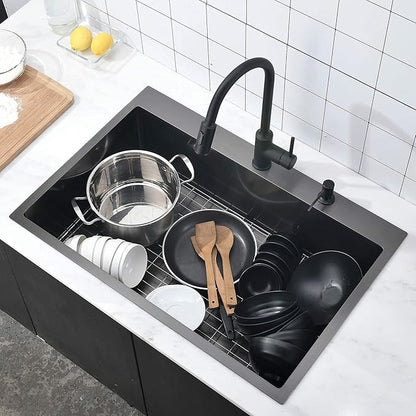 33″x22″x9″ Drop In Kitchen Sink Black, Top mount SUS304 Stainless Steel Gunmetal Black Sink 18 Gauge Single Bowl, Handmade Commercial Modern Workstation Prep Kitchen Sinks