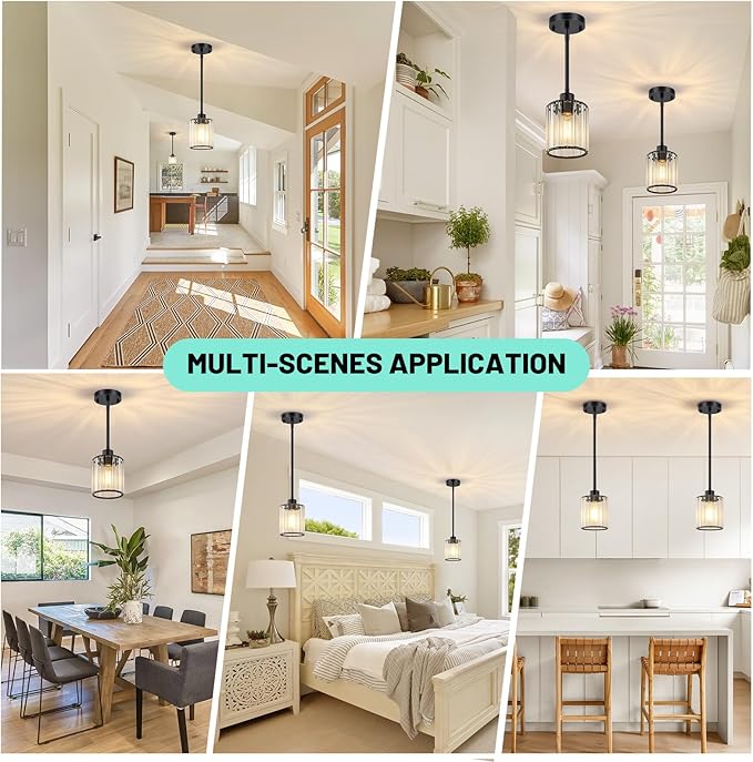 3 Pack Pendant Lights Kitchen Island, Matte Black Kitchen Pendant Lighting Over Table with Adjustable Rods, Modern Mini Crystal Hanging Pendant Light Fixtures for Dining Room Entryway Bedroom