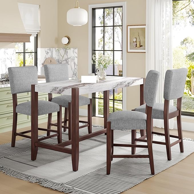 Mid Century Modern Bar Stools Set of 4, 40.4" Counter Stools with Back, Linen Upholstered Barstools Chairs for Kitchen Island Dining Room, Beige，Grey