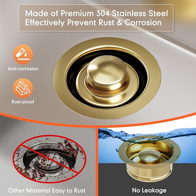 Kitchen Sink Brass Garbage Disposal Flange and Stopper, Fit 3-1/2 Inch Standard Sink Drain Hole,Kitchen Sink Replacement Accessories,Sink Garbage Disposer Kit (Gold)