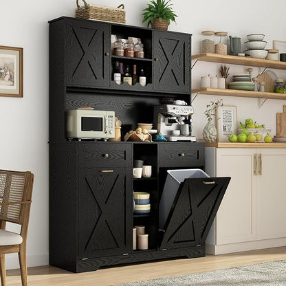 71" Tall 47"Wide Kitchen Pantry Storage Cabinet with Power Outlets,Farmhouse Kitchen Double Tilt Out Trash Cabinet 10X2 Gallon Garbage Holder with Two Drawers,Freestand Laundry Sort Cabinets(Black)