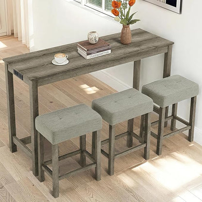 LKTART Kitchen Bar Table and Chairs Set, 4 Piece Bar Height Dining Table Set with Power Outlet and 3 Upholstered Stools Industrial Breakfast Nook, Small Space Living Room, Brown