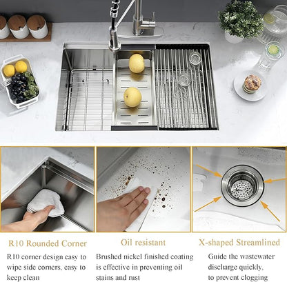 28 Inch Undermount Kitchen Sink, 28x18 Inch Stainless Steel Kitchen Sink Undermount Ledge Workstation 16 Gauge Handmade Commercial 10 Inch Deep Single Bowl Basin with Cutting Board