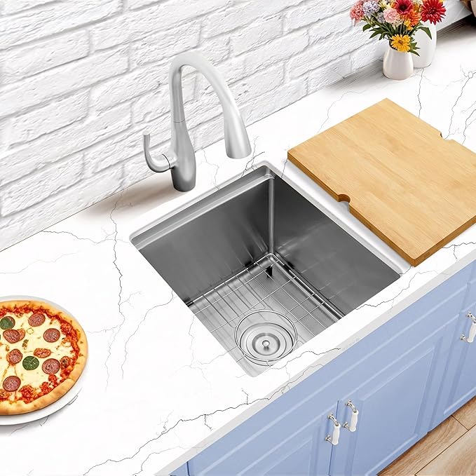 15 Inch Sink Undermount, 16 Gauge 304 Stainless Steel Workstaion Kitchen Sinks with Ledge & Accessories, 15" x 17" x10" Deep Bowl For Outdoor, RV,Prep Sink, and Wet Bar