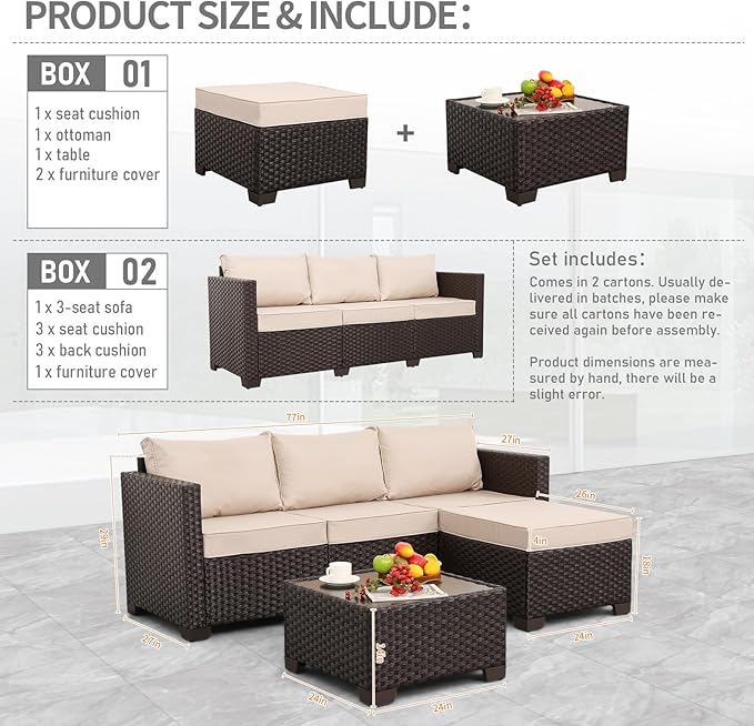 Rattan Star Patio Furniture Set 3 Piece Outdoor Sectional Sofa Set with Wicker Couch, Ottoman, Patio Table All-Weather Non-Slip Cushions and Waterproof Covers, Khaki