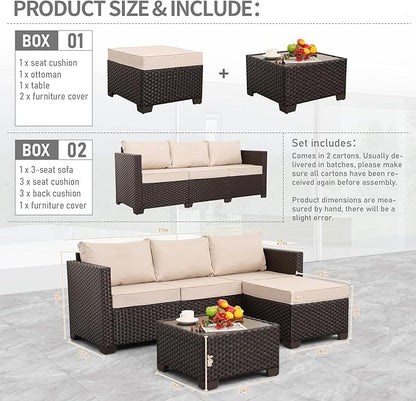 Rattan Star Patio Furniture Set 3 Piece Outdoor Sectional Sofa Set with Wicker Couch, Ottoman, Patio Table All-Weather Non-Slip Cushions and Waterproof Covers, Khaki