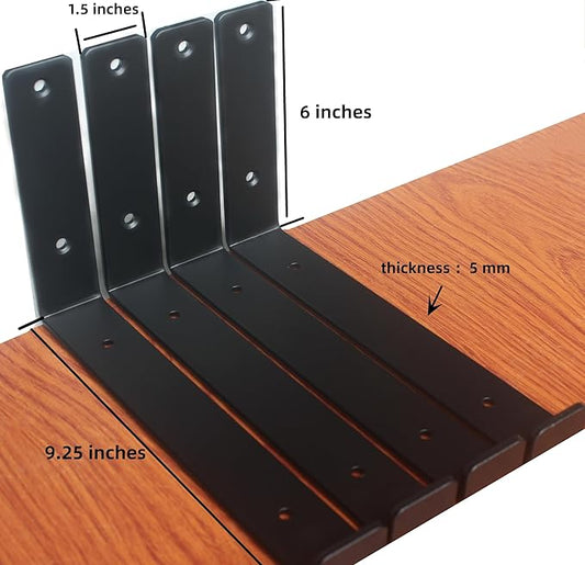6 Pack - 9.25" L x 6" H x 1.5" W J Lip Shelf Brackets Rustic Farmhouse Iron Wall Floating Shelf Bracket Metal Shelf Bracket Industrial Shelf Supports with Screws Black