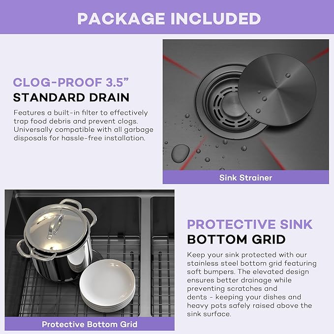LQS 33 Inch Black Drop in Kitchen Sink, Spacious 33 x 22 Drop In Kitchen Sink 50/50 Double Bowl, 16 Gauge Handmade Black Stainless Steel Kitchen Sink with Practical Accessories, R15 Round Corner