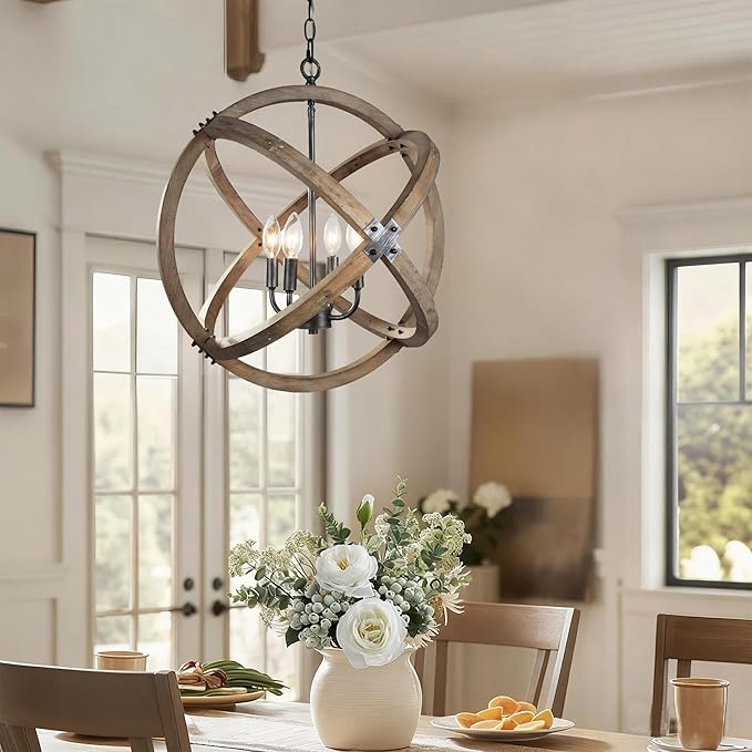 KSANA Wood Orb Chandelier, Rustic Farmhouse 4-Light Globe Hanging Fixture with Black Brushed Silver Accents for Dining Room, Foyer, Bedroom and Kitchen