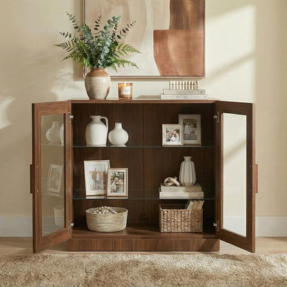 Casaphoria Adam Sideboard Buffet Cabinet with Storage, Display Cabinet with Glass Doors & Adjustable Shelves, 31" W x 36" H Buffet Cabinet for Entryway Kitchen Living Room, Walnut