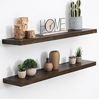 Acovy Extra Deep 36" Long Rustic Solid Wood Floating Shelves for Wall, Wall Shelves with Invisible Bracket for Living Room Bathroom Bedroom Kitchen, Set of 2, Walnut