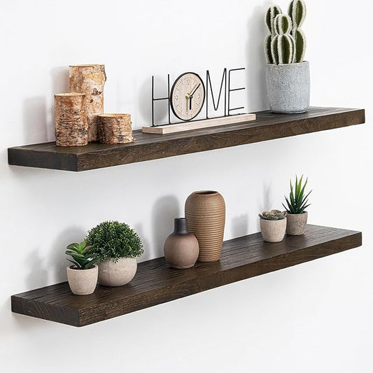 Acovy Extra Deep 36" Long Rustic Solid Wood Floating Shelves for Wall, Wall Shelves with Invisible Bracket for Living Room Bathroom Bedroom Kitchen, Set of 2, Walnut