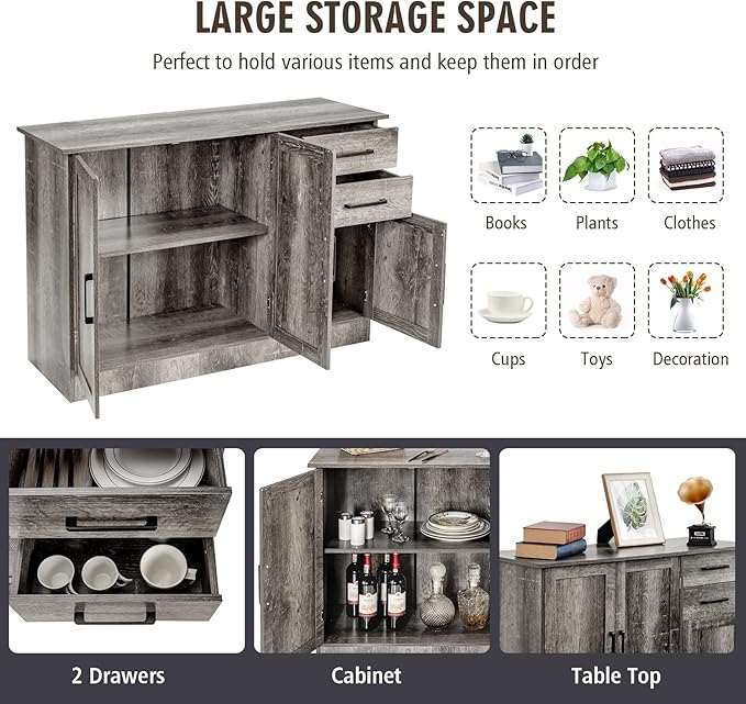 Giantex Buffet Server Sideboard Storage Cabinet Console Table Utensils Organizer Kitchen Dining Room Furniture, Entryway Cupboard with 2-Door Cabinet and 2 Drawers (Weathered Oak)