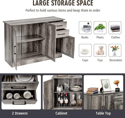 Giantex Buffet Server Sideboard Storage Cabinet Console Table Utensils Organizer Kitchen Dining Room Furniture, Entryway Cupboard with 2-Door Cabinet and 2 Drawers (Weathered Oak)