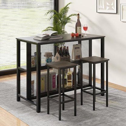 COSTWAY Home Bar Unit, 3-Tier Bar Table with Storage Shelves, Metal Frame, Adjustable Foot Pads, Breakfast Corner Bar Cabinet for Kitchen Island Dining Room (Grey)