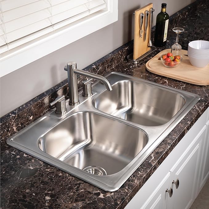 Houzer 3322-9BS3-1 Glowtone Series Topmount Stainless Steel 50/50 Double Bowl Kitchen Sink, 9-Inch Deep