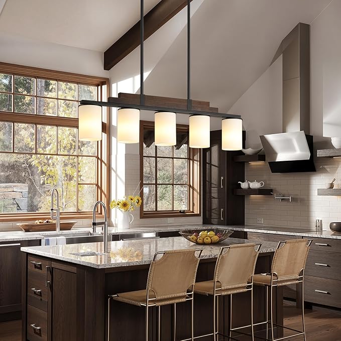Farmhouse Wood Kitchen Island Lighting, 5-Light Adjustable Chandelier for Dining Room, Milk Glass Shade Dining Room Light Fixture Over Table, Black Hanging Pendant Lights for Kitchen, Pool Table