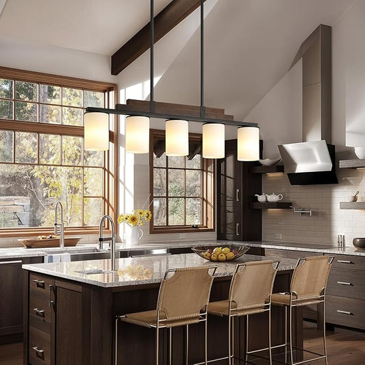 Farmhouse Wood Kitchen Island Lighting, 5-Light Adjustable Chandelier for Dining Room, Milk Glass Shade Dining Room Light Fixture Over Table, Black Hanging Pendant Lights for Kitchen, Pool Table