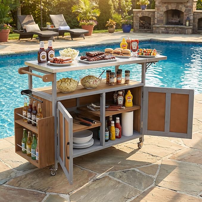 MERITLINE Foldable Outdoor Kitchen Island with Stainless Steel Top & Fir Wood Frame, Adjustable Hidden Shelf & Two-Tier Rack, Lockable Casters for Patio, Garden, Balcony, Espresso + Grey