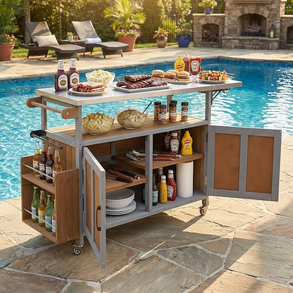 MERITLINE Foldable Outdoor Kitchen Island with Stainless Steel Top & Fir Wood Frame, Adjustable Hidden Shelf & Two-Tier Rack, Lockable Casters for Patio, Garden, Balcony, Espresso + Grey