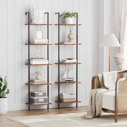 HOOBRO DIY Ladder Shelf, 5-Tier Wooden Wall Mounted Bookshelf, Narrow Bookcase, Display Shelf, Storage Rack, Plant Stand, for Living Room, Bedroom, Study, Balcony, Rustic Brown and Black BF531CJ01