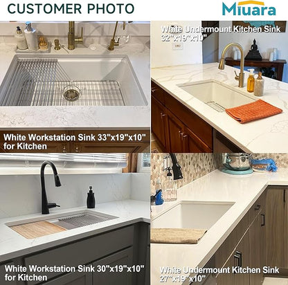 Miuara White Undermount Workstation Kitchen Sink 30 Inch - Topmount Fireclay Drop In Sink 30"x19"x10", Dual Mount Heavy Duty Deep Single Bowl, with 4 Custom Accessories, for Kitchen, Island