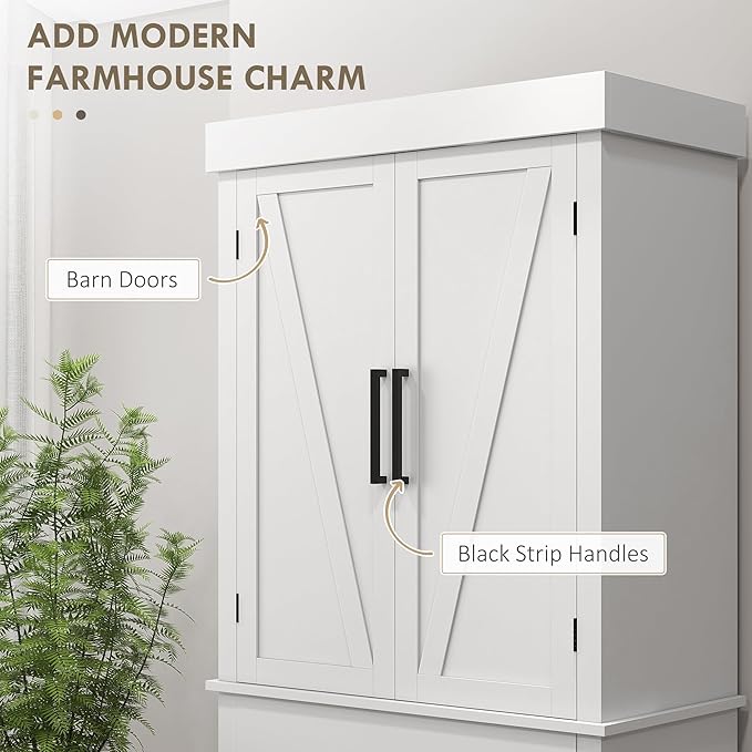 72" H Farmhouse Kitchen Pantry, Freestanding Storage Cabinet with 4 Barn Doors, Drawer, 5-Tier Shelf and Adjustable Shelves, White, Easy to Maintain, for Dining Room