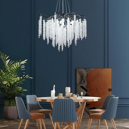 Crystal Tree Branches Chandeliers Luxury Round Raindrop Pendant Light Fixture 8 Light Ceiling Hanging Light for Dining Room Bedroom Living Room Entryway 23.7" Black