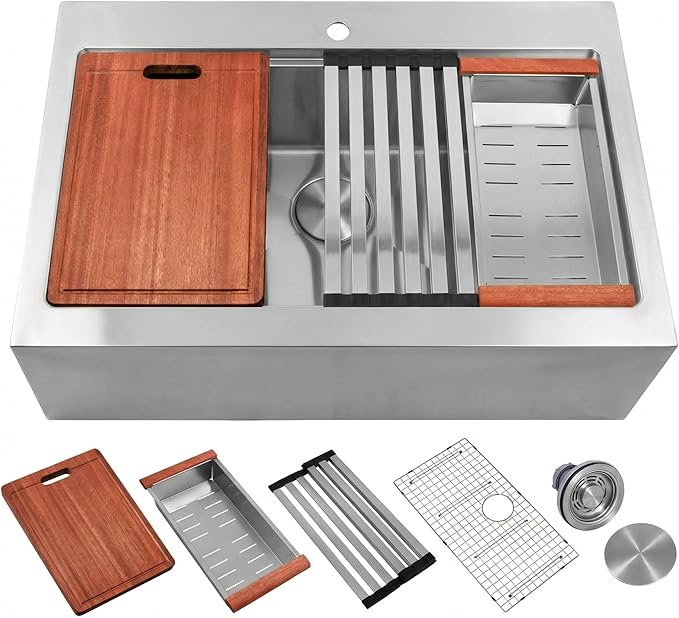 Rhbamoa 33 inch Stainless Steel Farmhouse Sink,16-Gauge T304 Stainless Steel Single Bowl Apron Front Kitchen Farm Sink,10 Inch Depth Topmount Farmhouse Kitchen Sinks with All Accessories