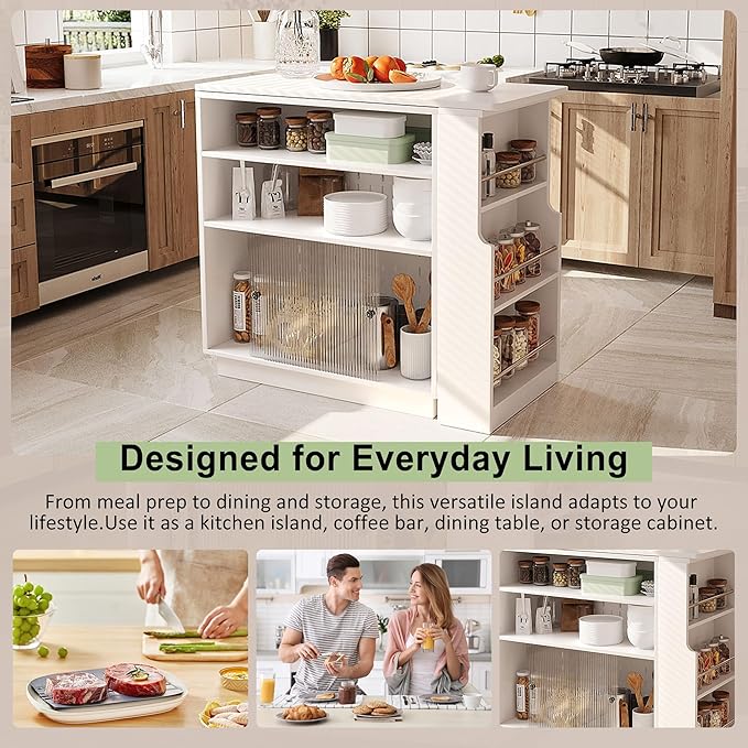 Modern Counter Height Dining Table,Extendable Kitchen Island & Buffet with Acrylic Sliding Doors,Pegboard,Half-Open Storage Shelves,Aluminum Alloy Handles (White-MC)