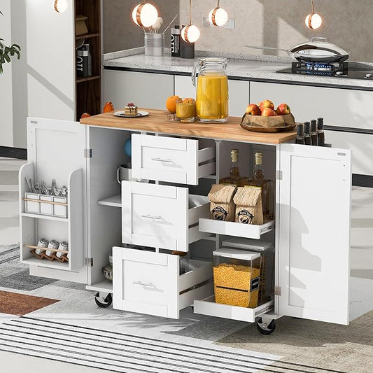 RUNNA Rolling Kitchen Island with Storage, White09, 3 Drawer, 2 Slide-Out Shelf, Internal Storage Rack, Kitchen Cart on Wheels with Spice Rack & Tower Rack