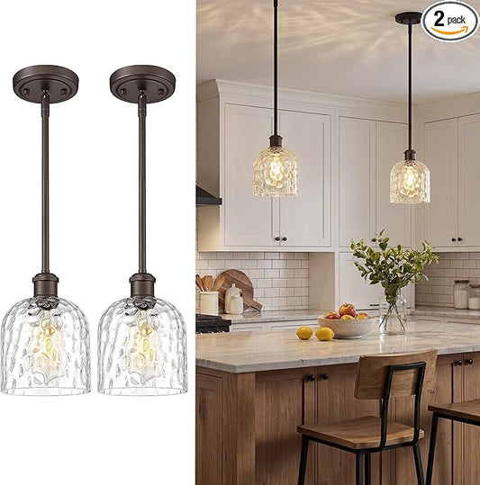 zeyu Large Kitchen Pendant Lightings, Hanging Ceiling Lights Fixtures Kitchen 2 Pack, Adjustable Hanging Lights with Clear Hammered Glass, Oil Rubbed Bronze Finish, ZJF63MIL-L-2PK ORB