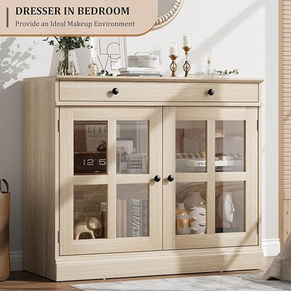 GarveeHome 35.4 in Sideboard Buffet Cabinets with Glass Door, Buffet Cabinet with Storage, Oak Sideboard Cabinet with Drawer, Modern Buffets & Sideboards for Dining Room, Kitchen