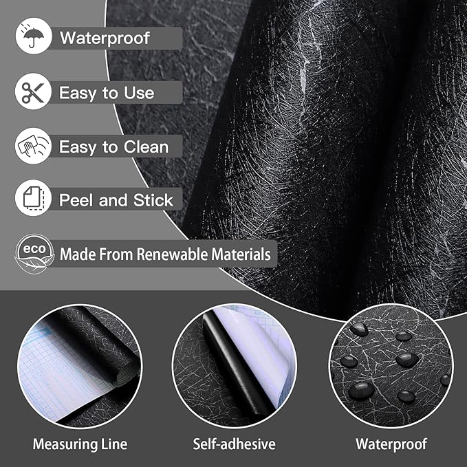 Safiyya 17.3 inch X 590 inch Wallpaper Black Silk Textured Wallpaper Peel and Stick Modern Solid Color Wall Paper Removable Contact Paper for Bedroom Vinyl Rolls